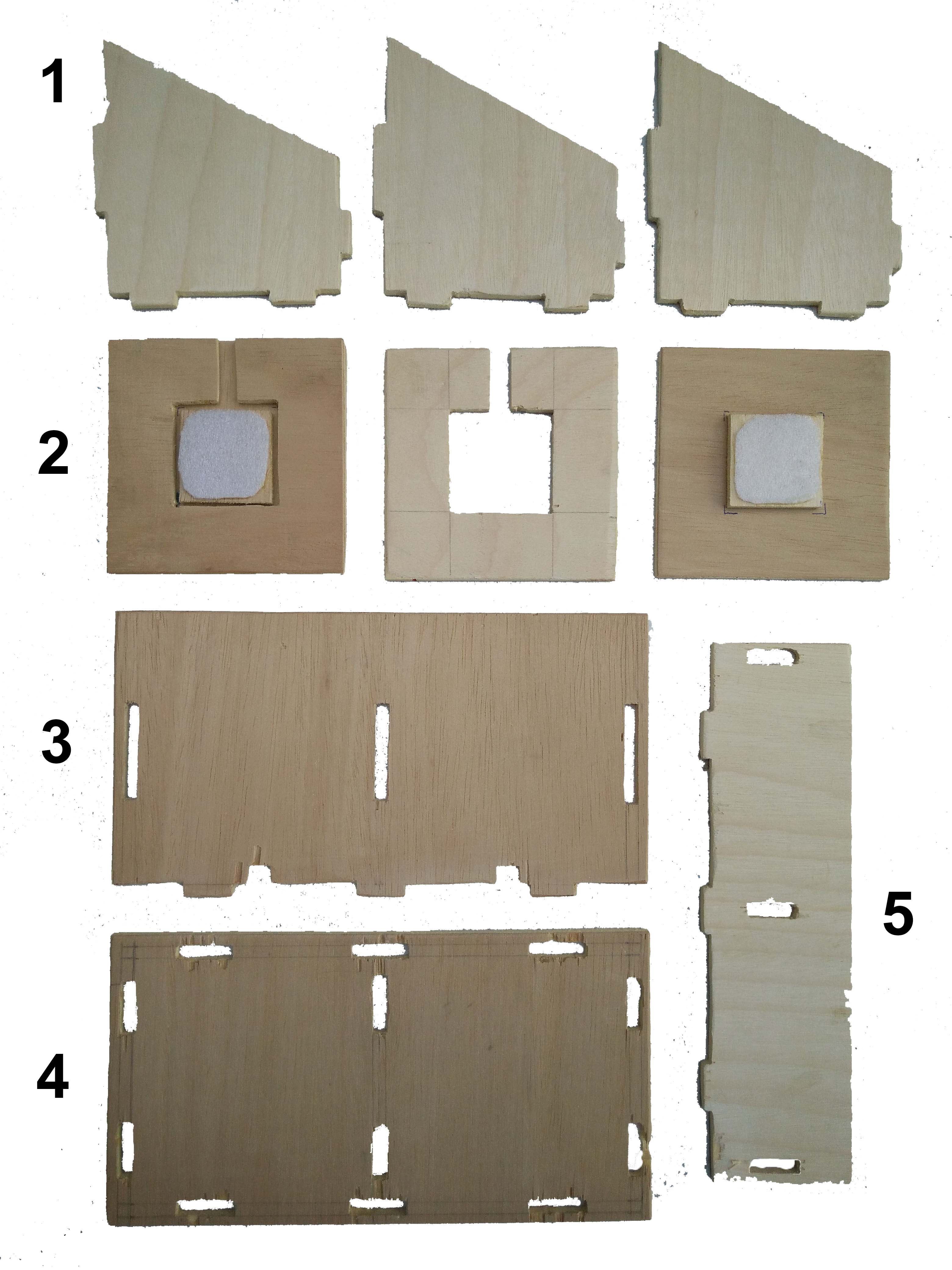 Like numbered in the image: 1: side panels, 2: pressure sensor placeholders and pressure dividers, 3: back panel, 4: bottom panel, 5: front panel