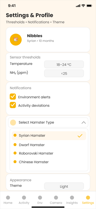 The Settings page in the app